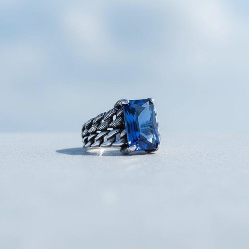 Zilveren heren ring met blauwe steen