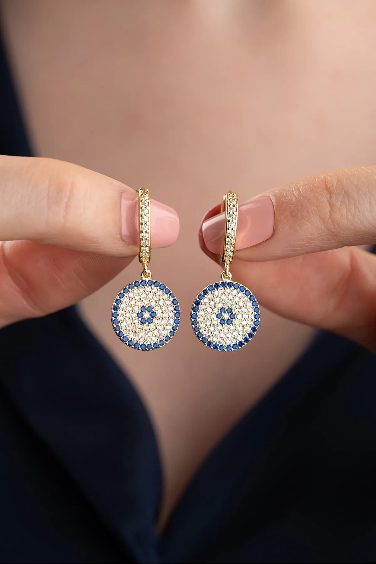 Blue Aura Boze Oog Ronde Oorbellen – 925 Zilver