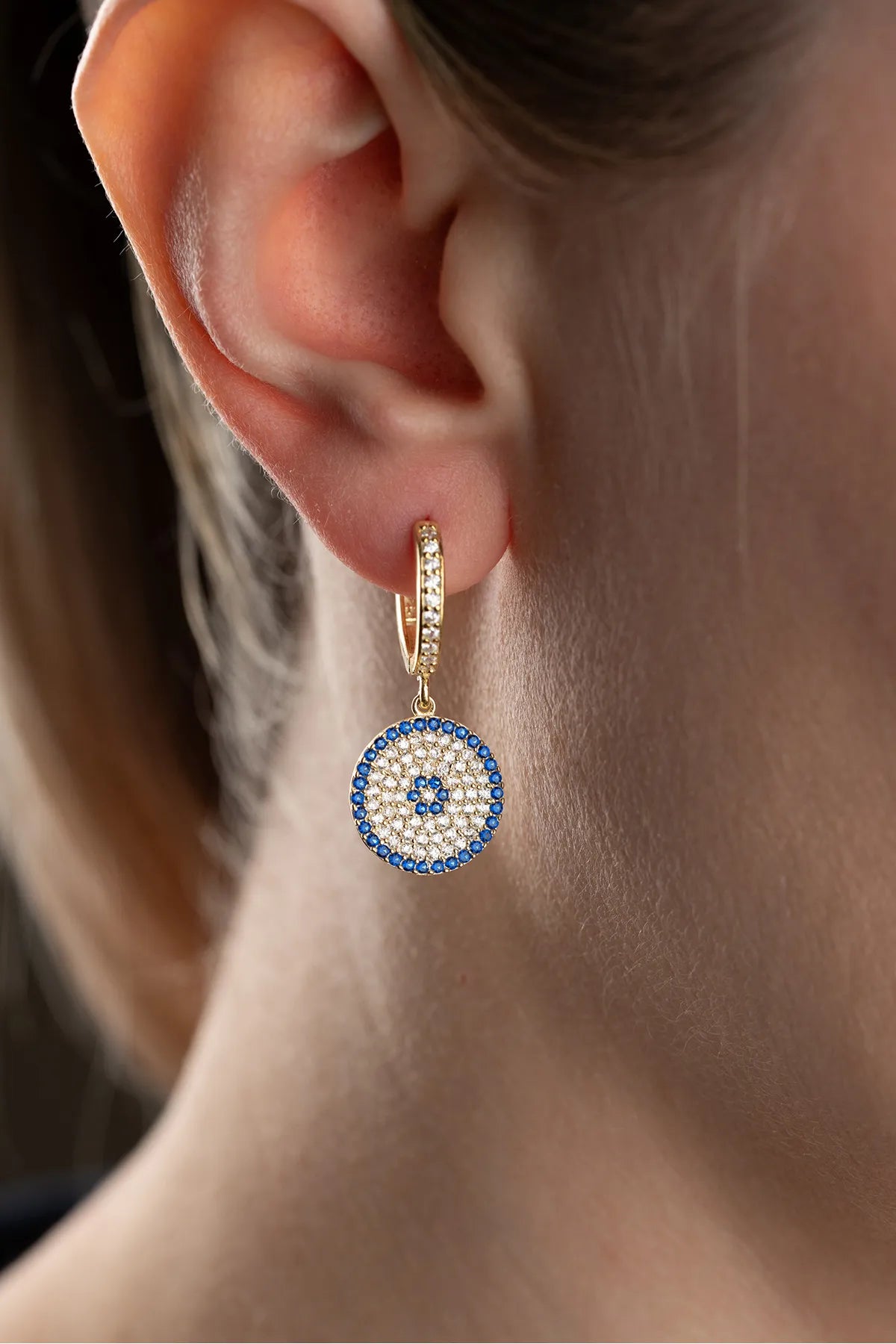 Blue Aura Boze Oog Ronde Oorbellen – 925 Zilver