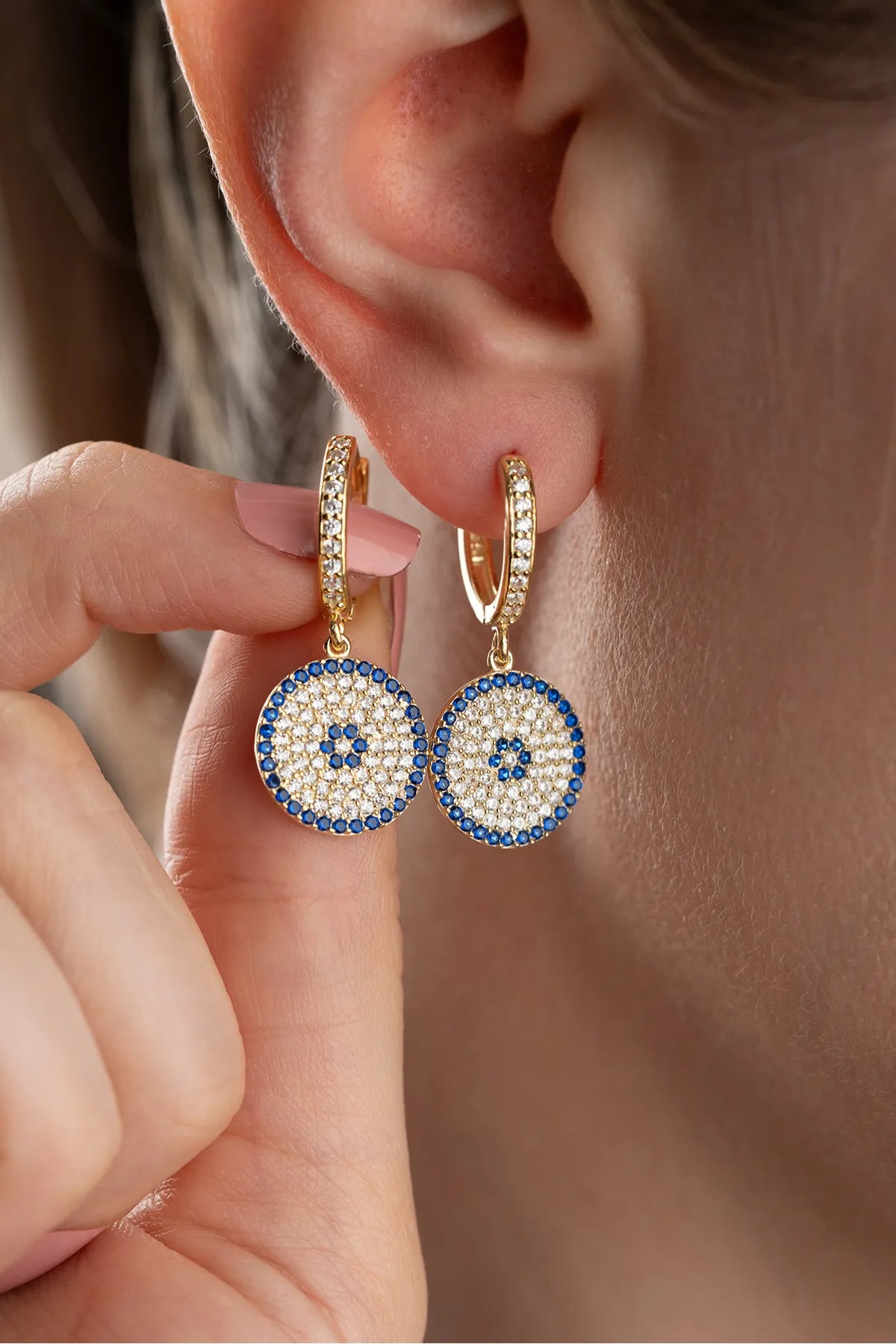 Blue Aura Boze Oog Ronde Oorbellen – 925 Zilver