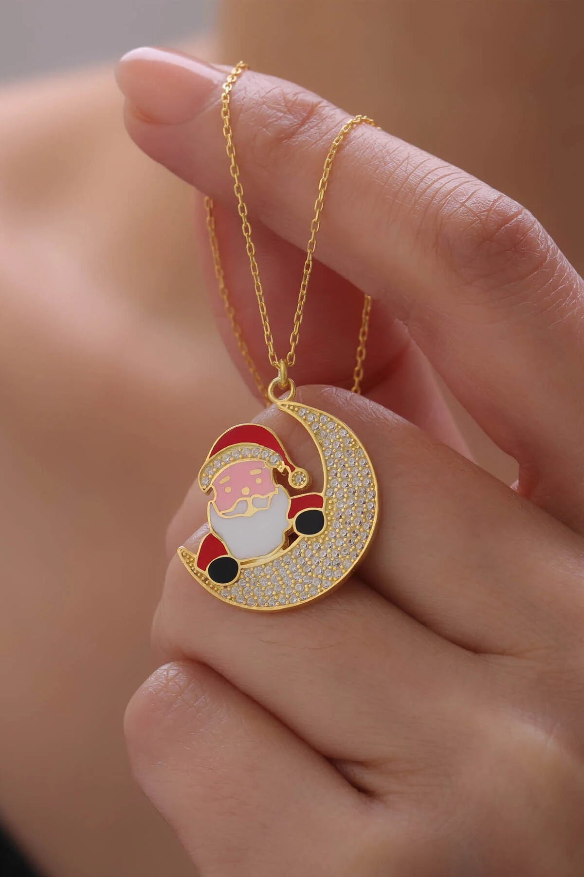 "SantaMoon" 925 Sterling Silver Santa on Moon Necklace