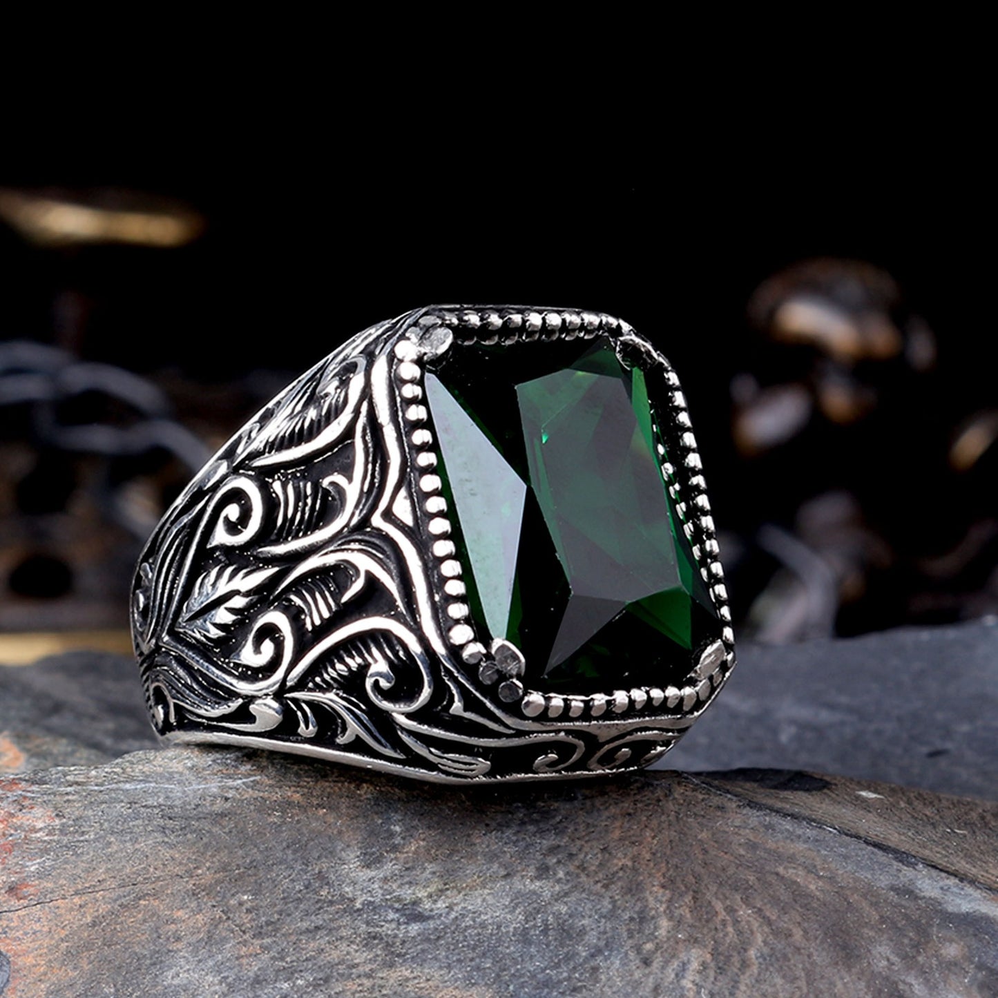 925 Sterling Zilveren Herenring met Groene Zirkoon Steen