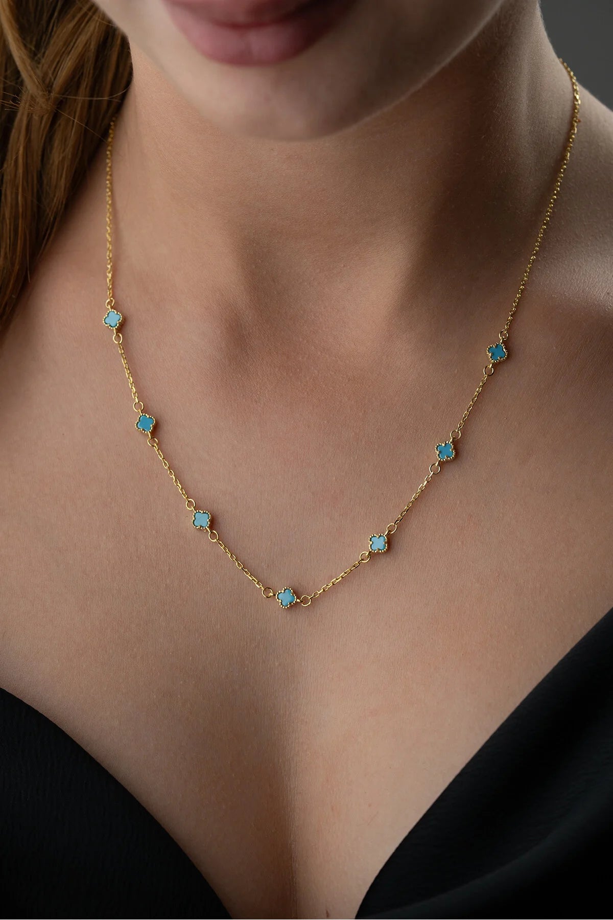 LuckyBlue 925 – Vergulde Ketting met Turquoise Klavertjesvier