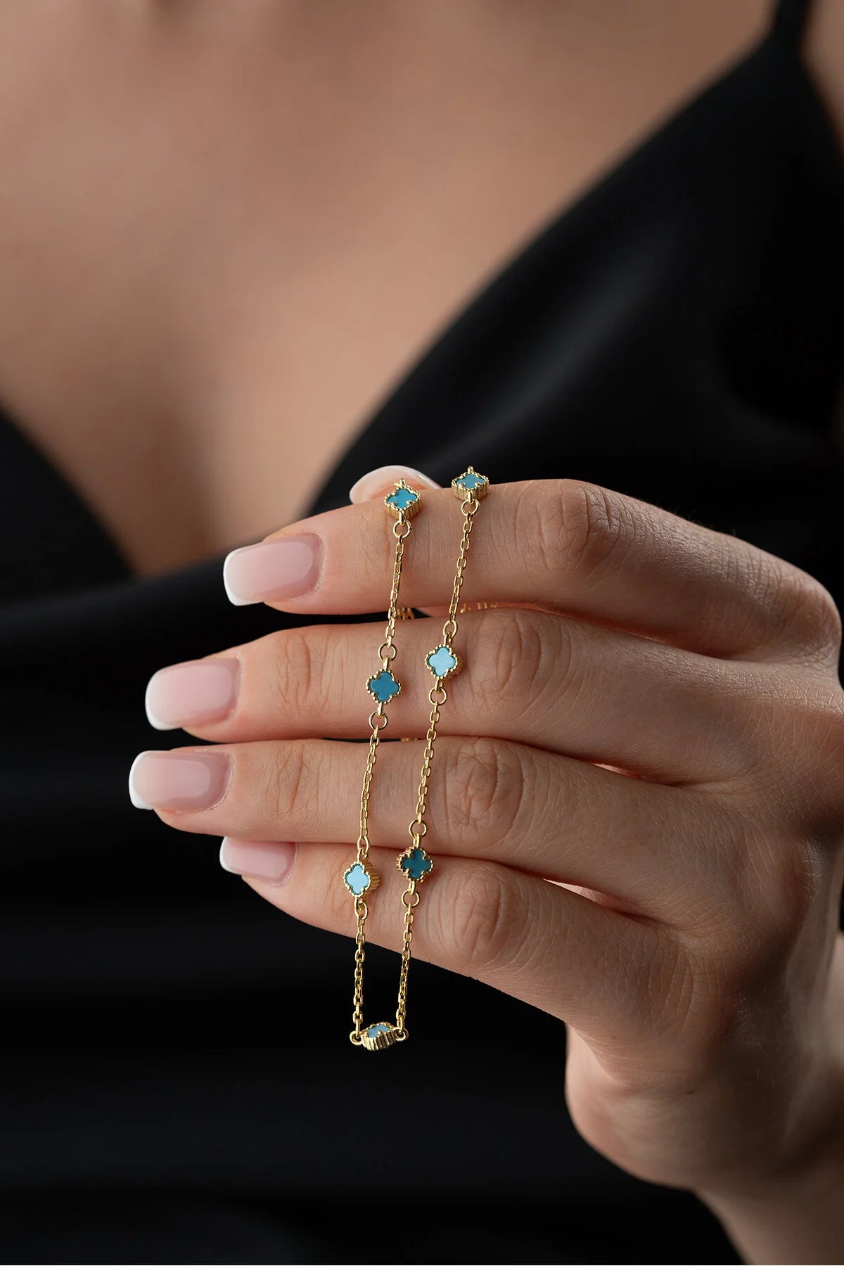 LuckyBlue 925 – Vergulde Ketting met Turquoise Klavertjesvier