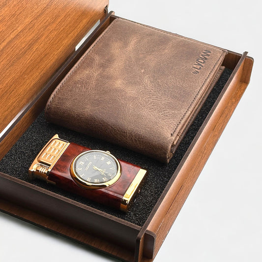 Luxe Cadeauset: Lederen Portemonnee, Horloge Aansteker in Houten Doos - Personaliseerbaar