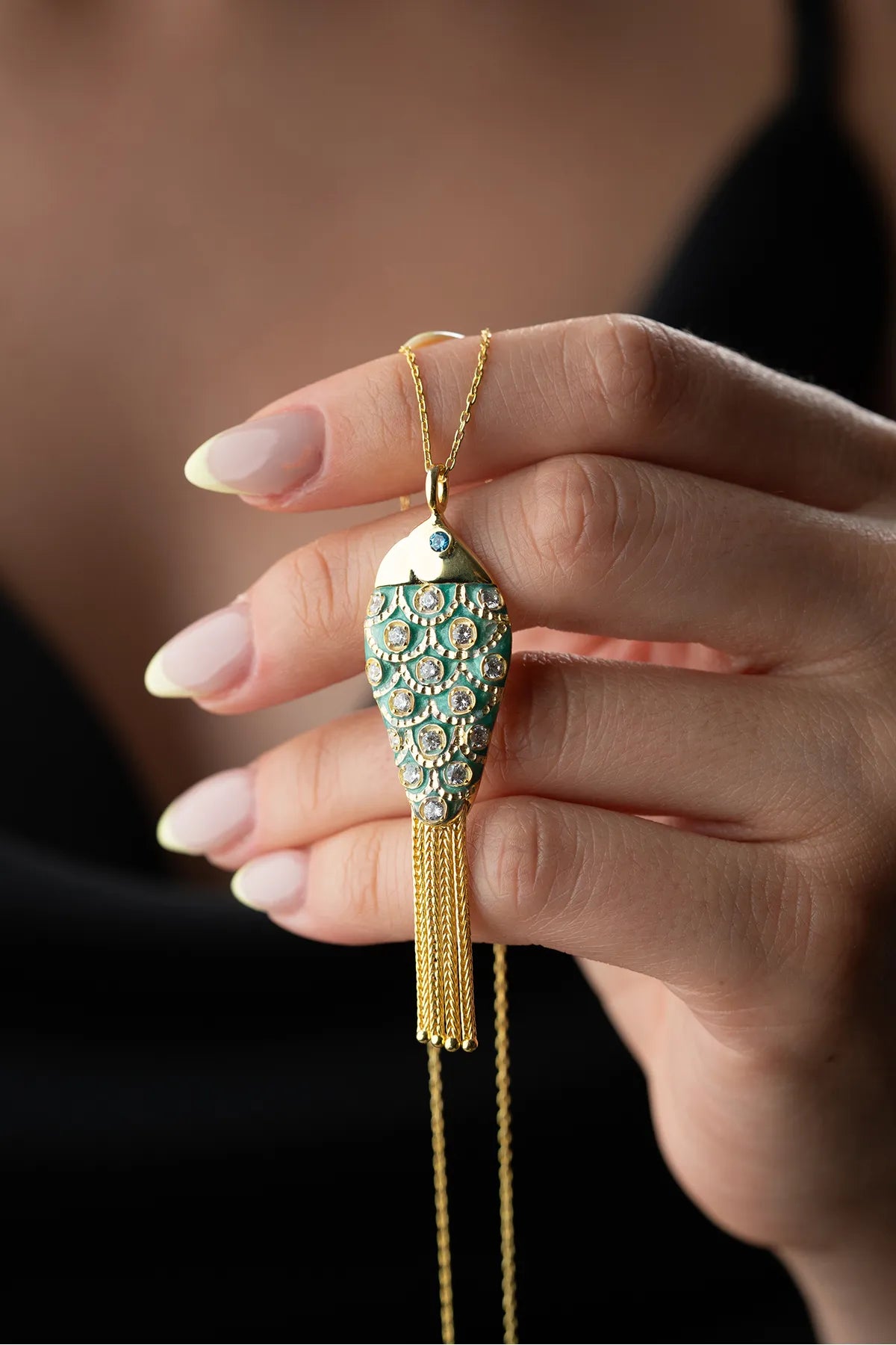 925 Sterling Zilveren Ketting met Vis en Kettingfranje