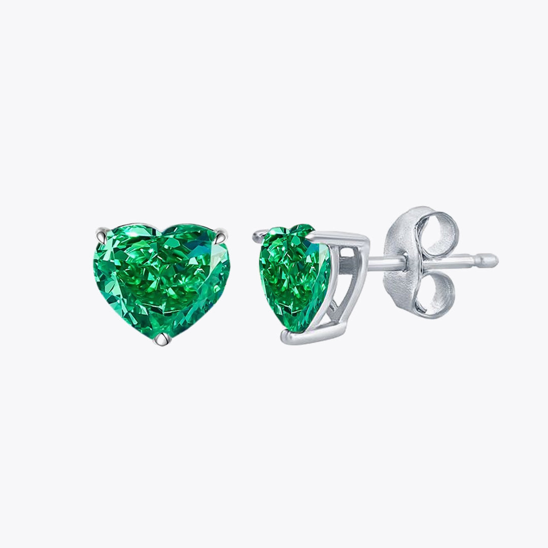 Silver luxury heart stud earrings with ice cut green zirconias