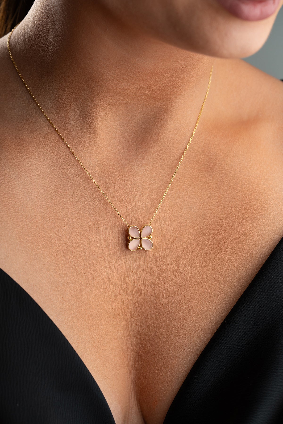Klaver Ketting met Roze Stenen | 925 Zilver