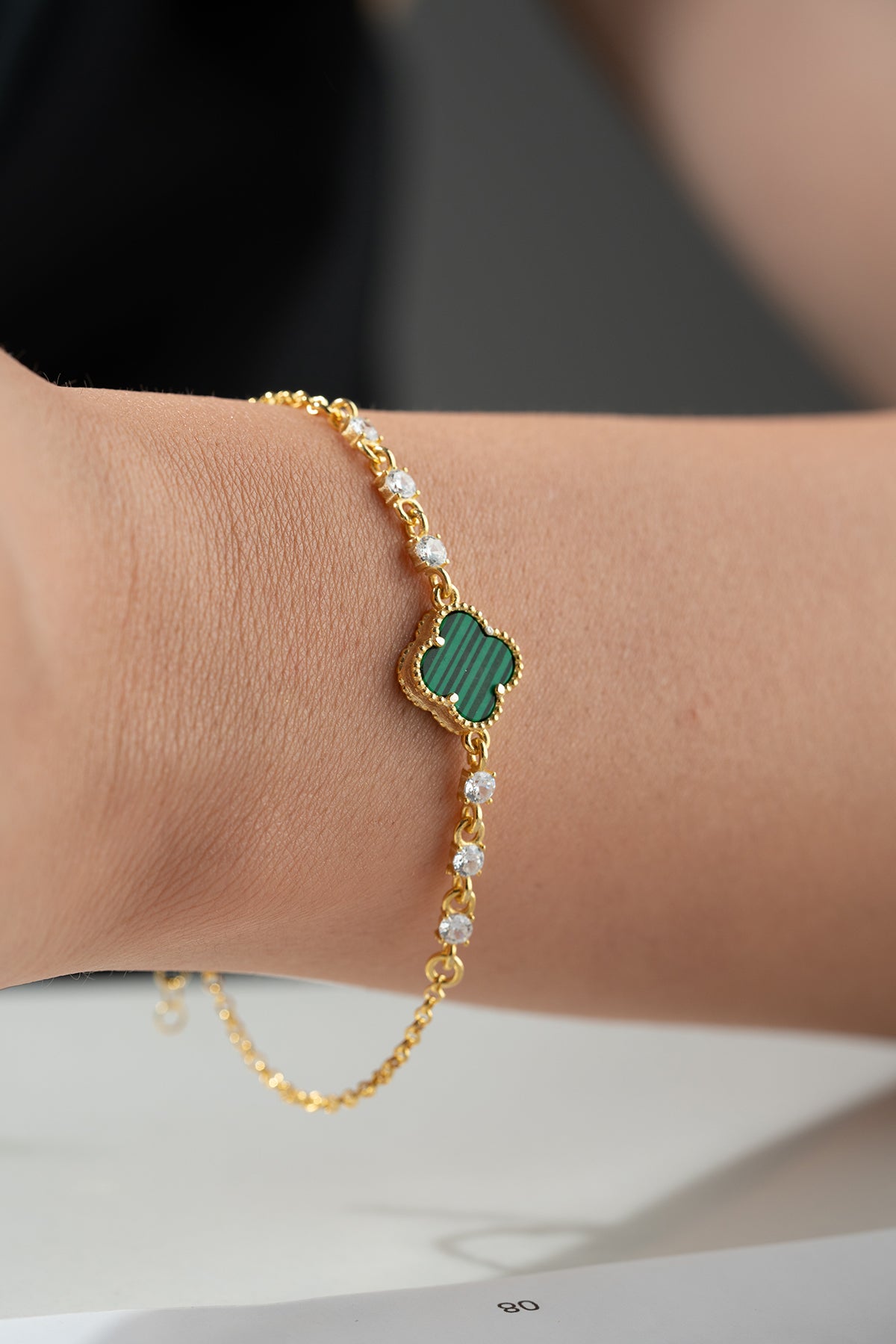 925 Zilveren Armband met Malachiet Klaver en Zirkonia