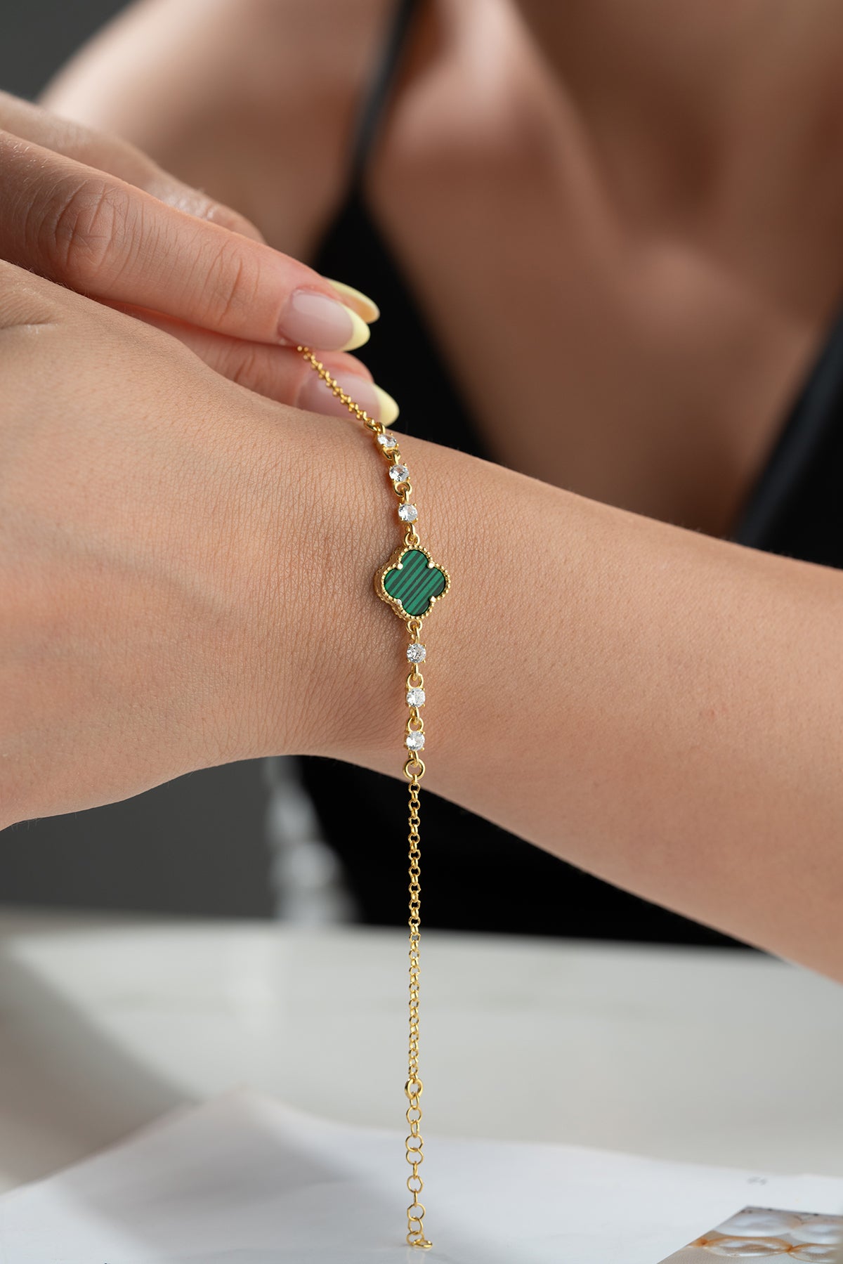 925 Zilveren Armband met Malachiet Klaver en Zirkonia