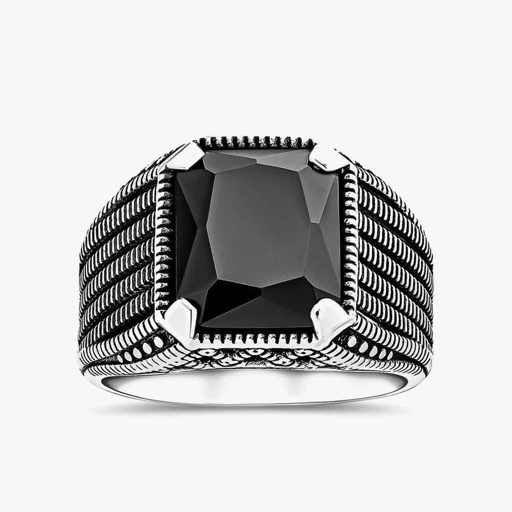 Silver men's ring with black stone