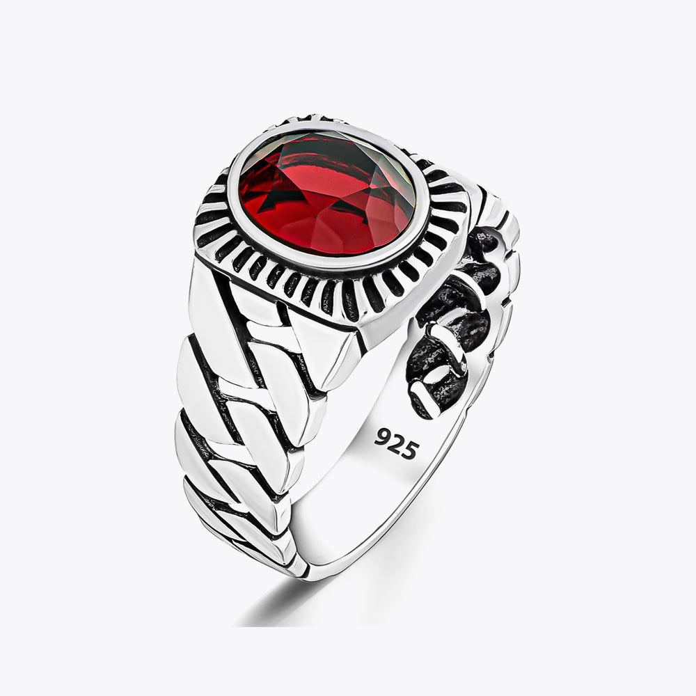 Silver Men's Signet Ring With Red Stone DZT015