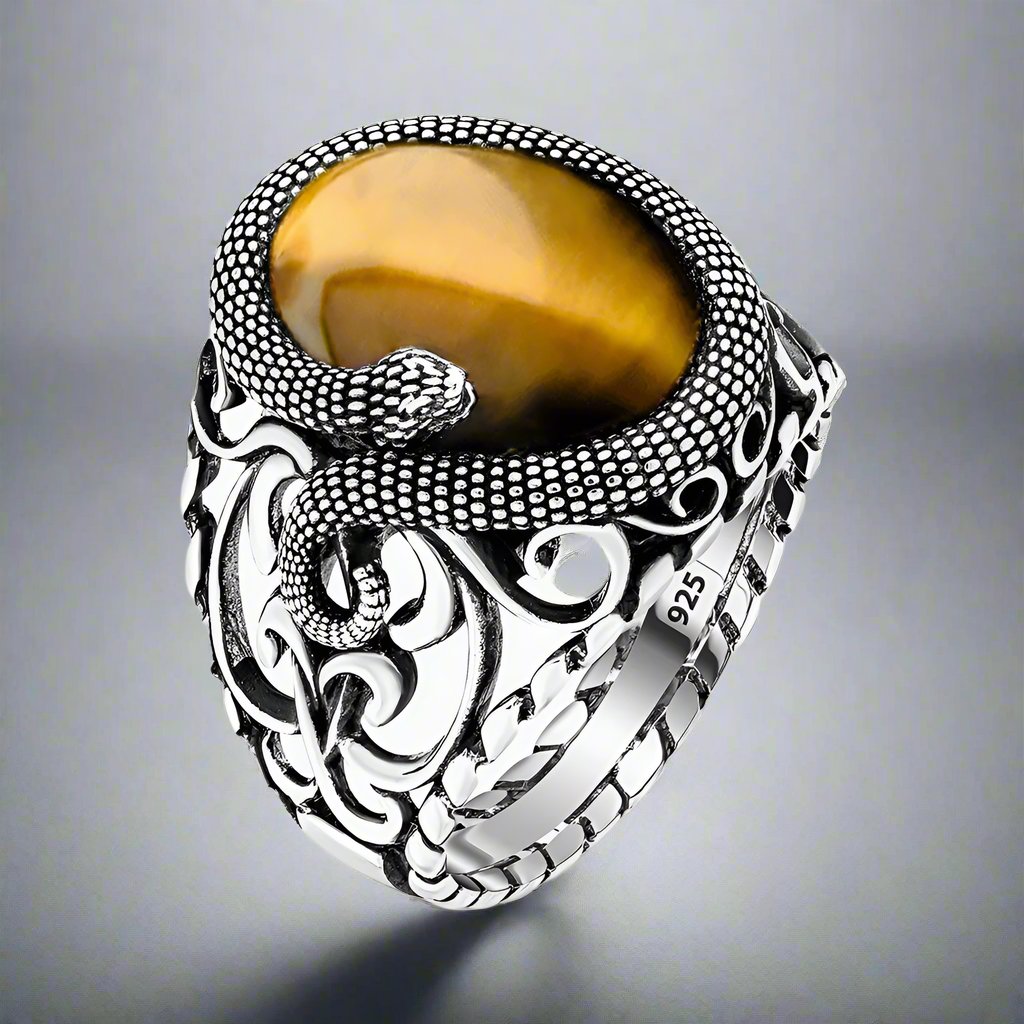 Slang ring - 925 sterling zilver met tijgeroog – by LYDIAN Slang ring - 925 sterling zilver met tijgeroog – by LYDIAN