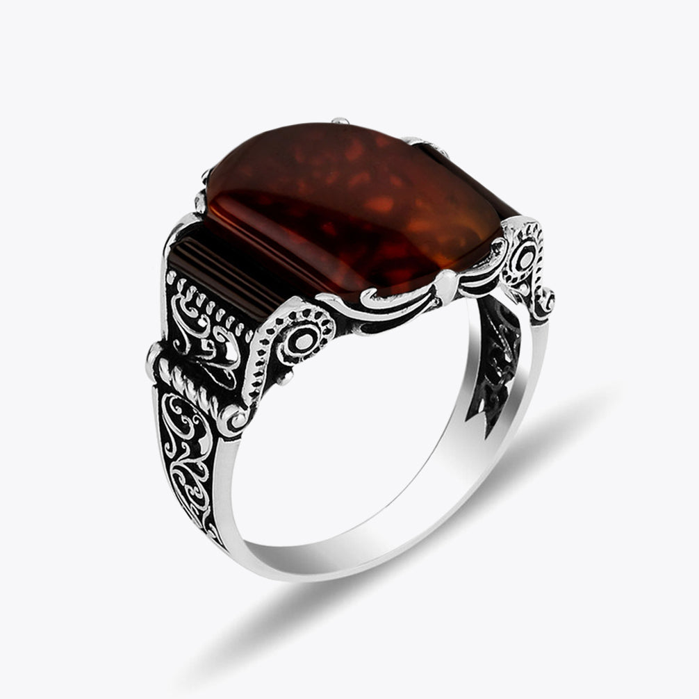 925 Silver Mens Ring With Red Agate Stone ORTBL170