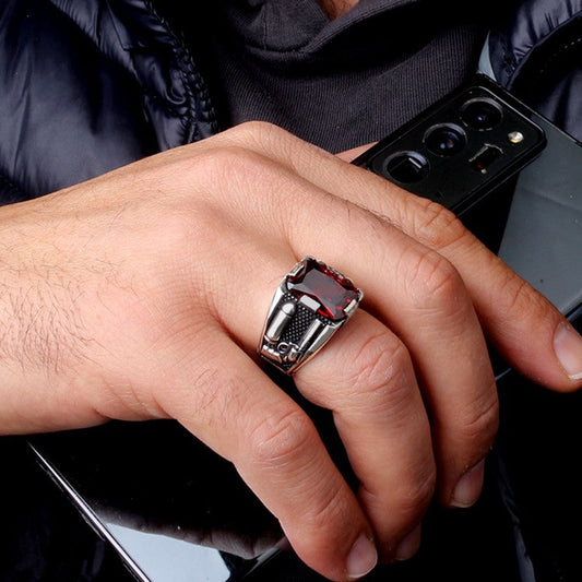 925 Zilveren Herenring Met Rode Steen