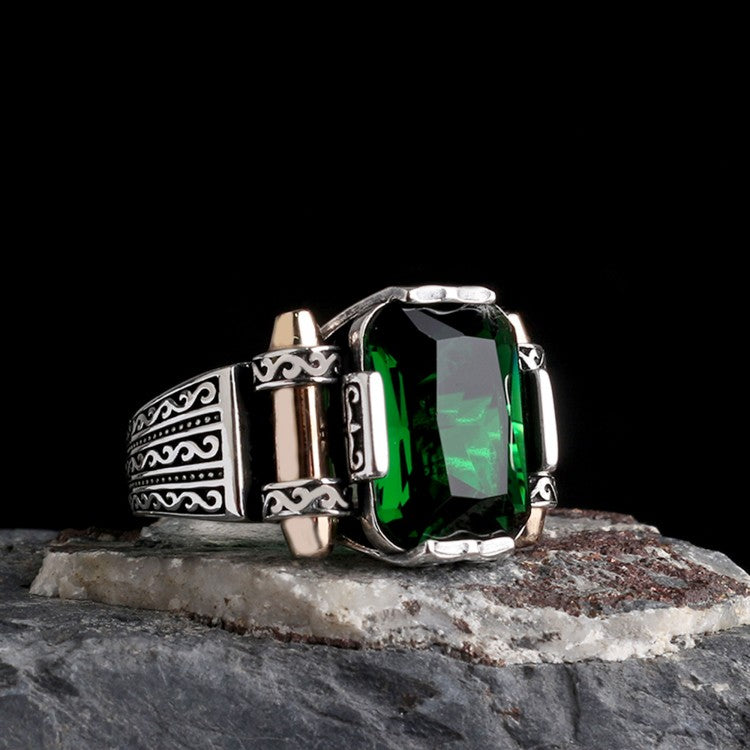 Men's ring with green Zirconia - 925 sterling silver