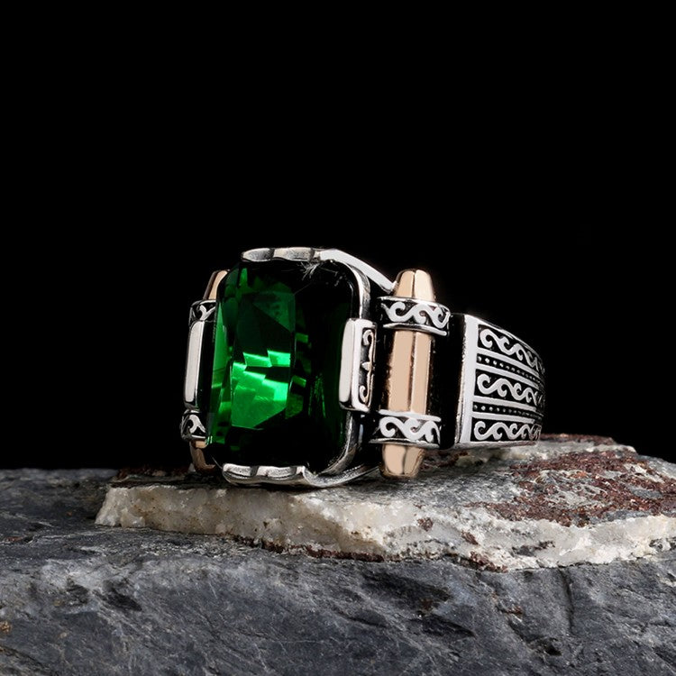 Men's ring with green Zirconia - 925 sterling silver