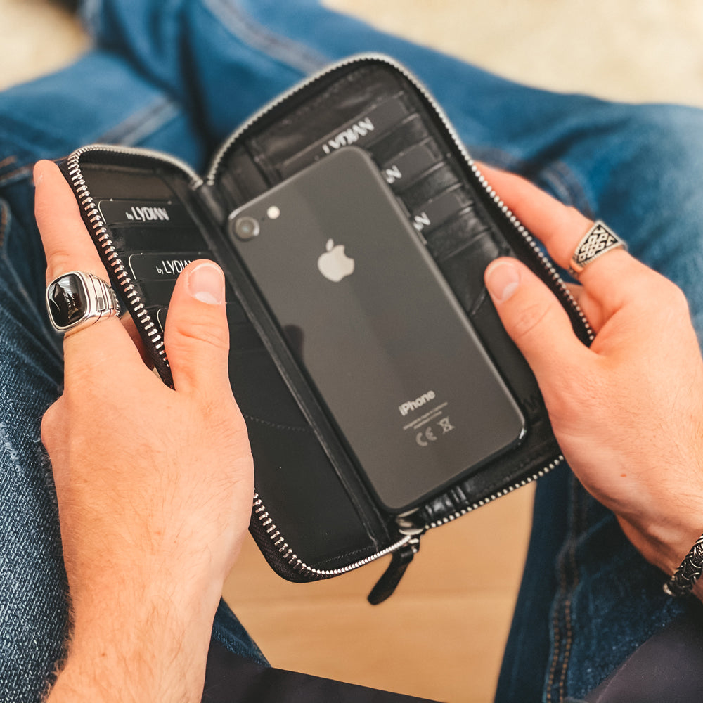 Smartphone-Geldbörse aus schwarzem Leder mit 16 Fächern BLW3016-S