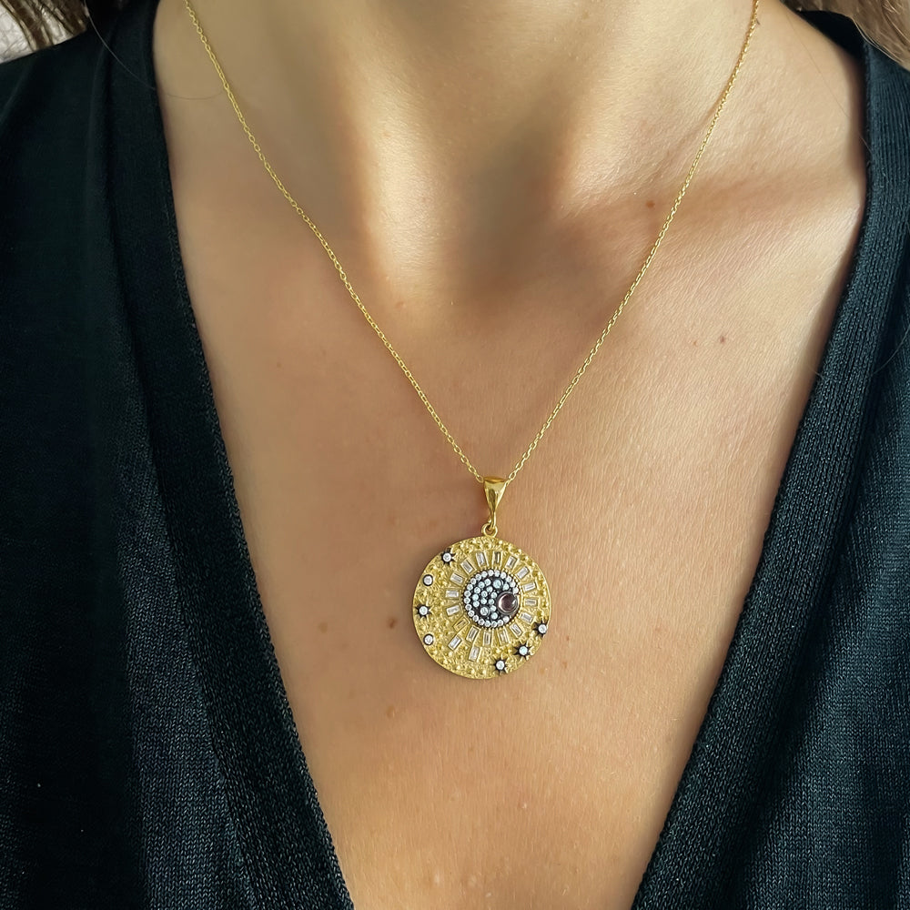 Médaillon - Pendentif collier soleil et lune étoiles