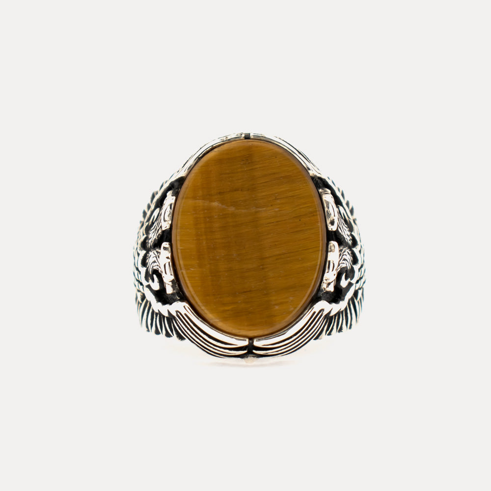 Tigerauge-Stein-Doppeladler-Ring aus Sterlingsilber BLK004