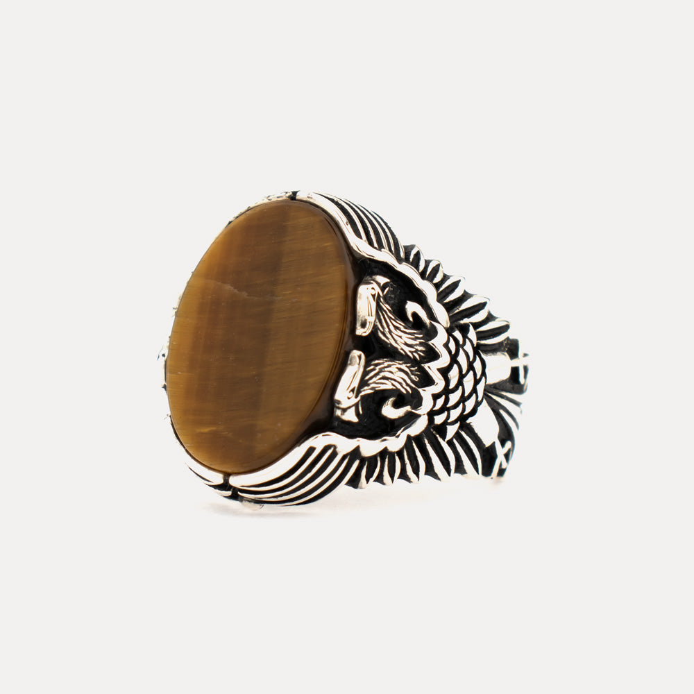 Tigerauge-Stein-Doppeladler-Ring aus Sterlingsilber BLK004