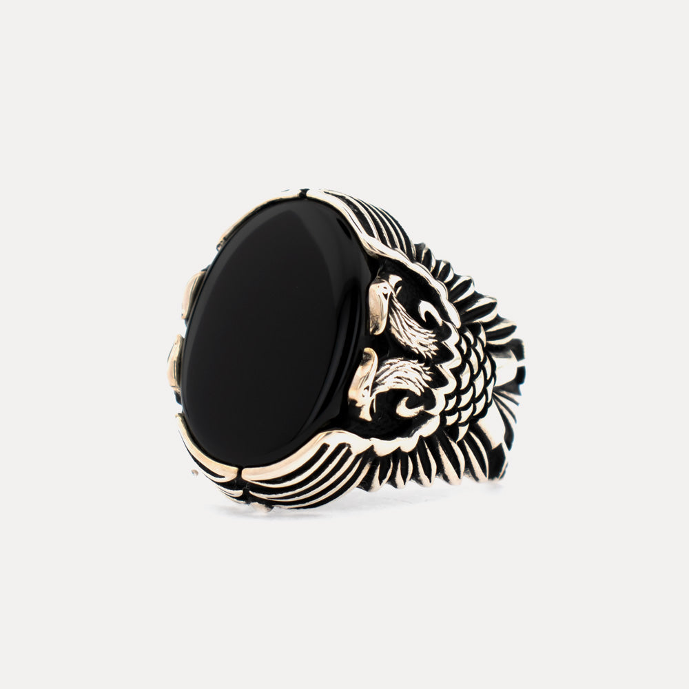Double Headed Onyx Stone Silver Ring BLK009