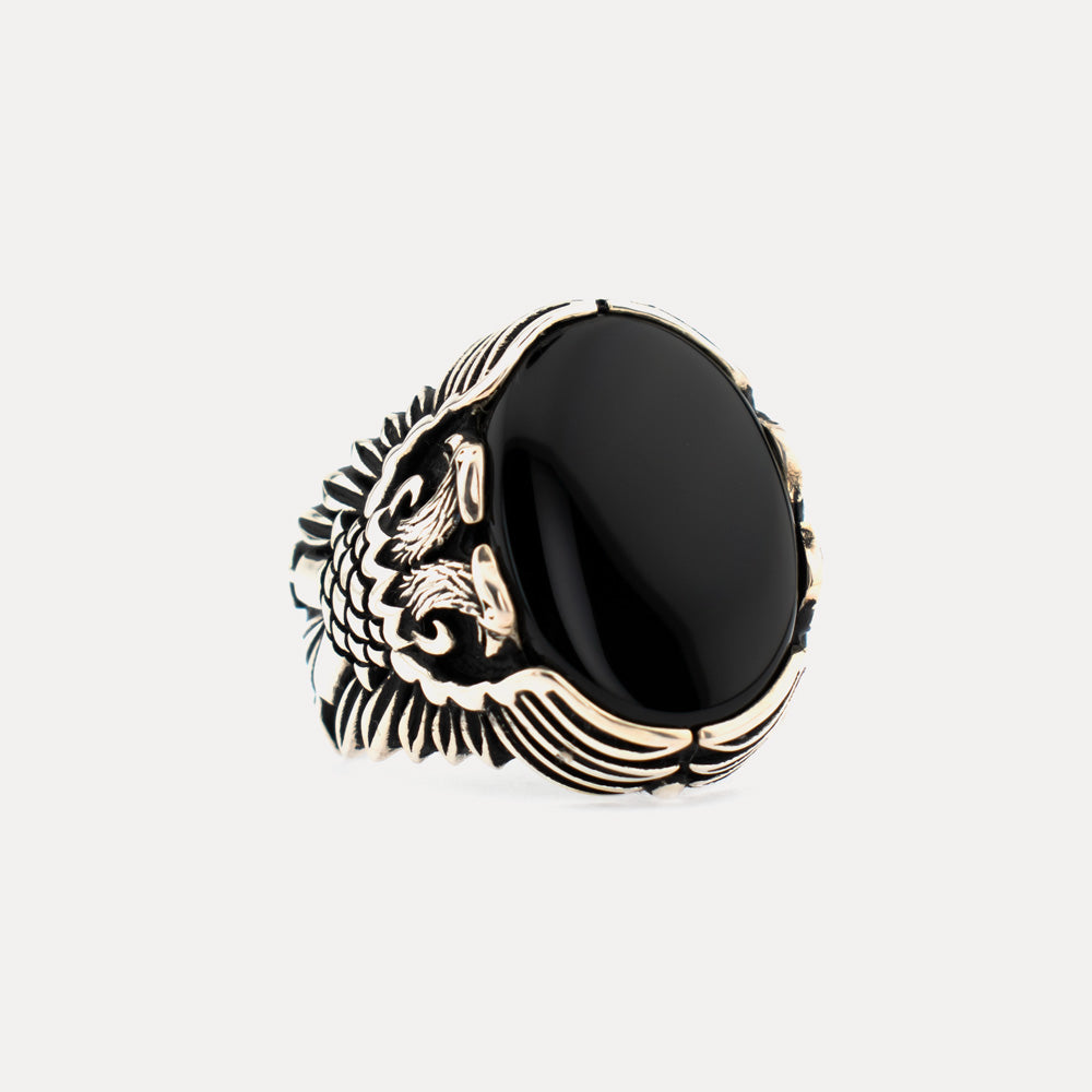 Double Headed Onyx Stone Silver Ring BLK009