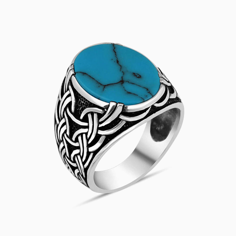 HIJONES Heren roestvrij staal vintage blauw turquoise onyx ring steen HIJONES Heren roestvrij staal vintage blauw turquoise onyx ring steen