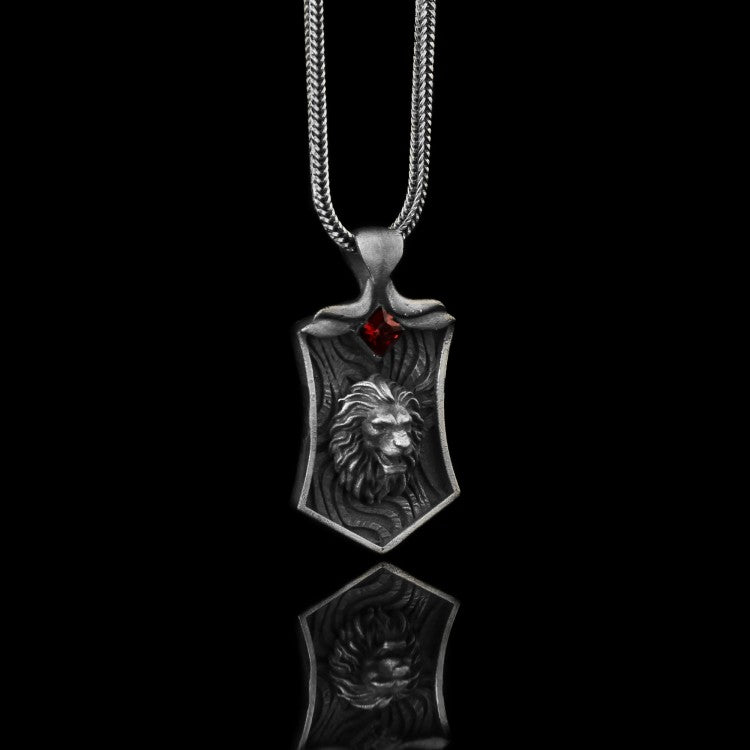 925 Silver Lion Pendant with Red Zircon