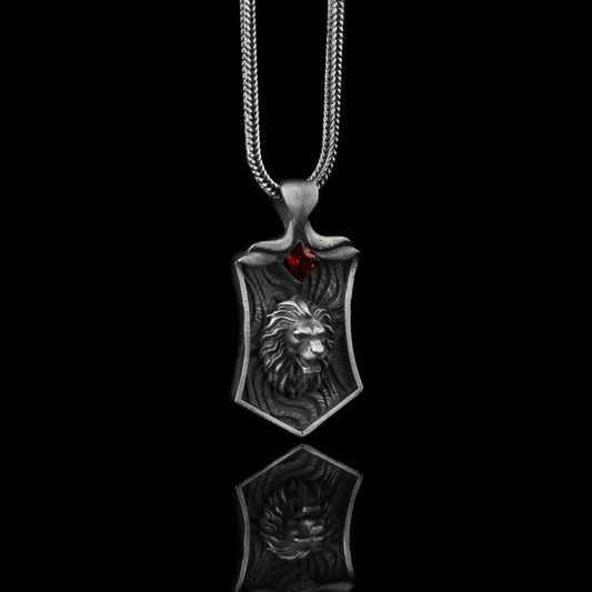925 Silver Lion Pendant with Red Zircon