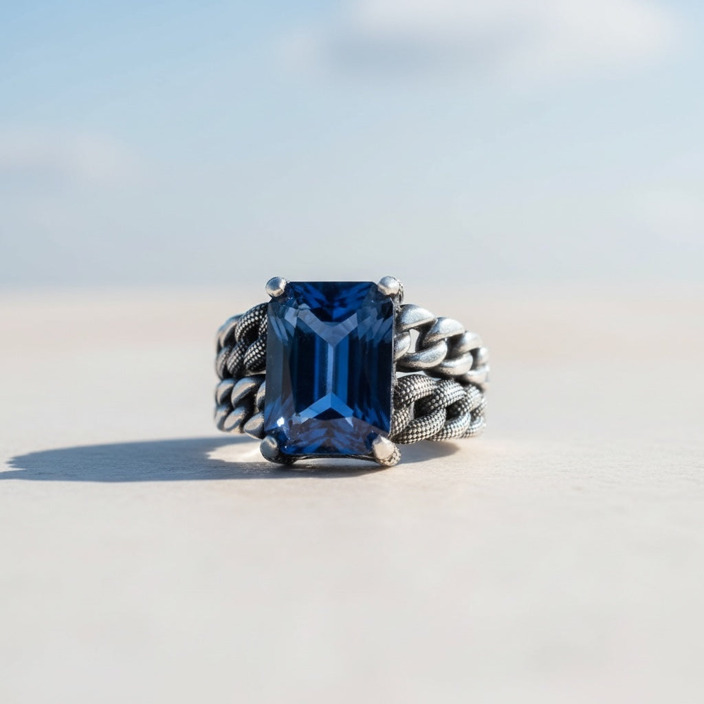 Zilveren heren ring met blauwe steen