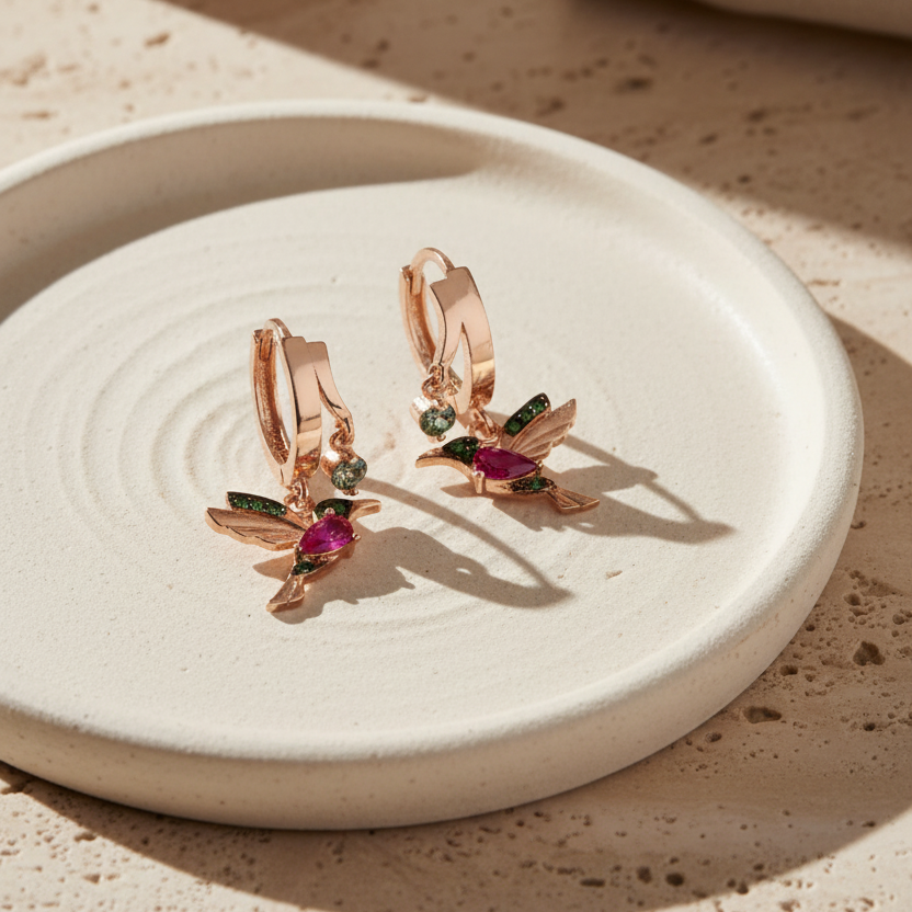 Hummingbird Charm - 925 Sterling Silver Earrings
