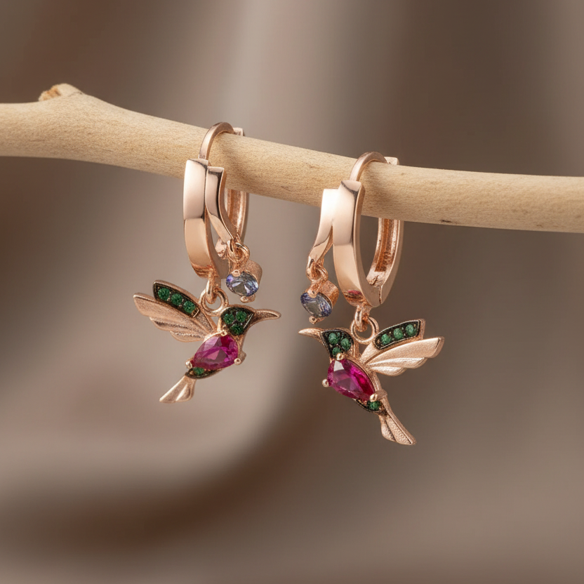 Hummingbird Charm - 925 Sterling Silver Earrings