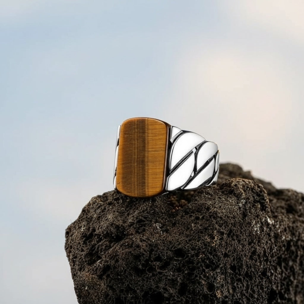 925 Zilveren Herenring Met Tijgeroog Steen