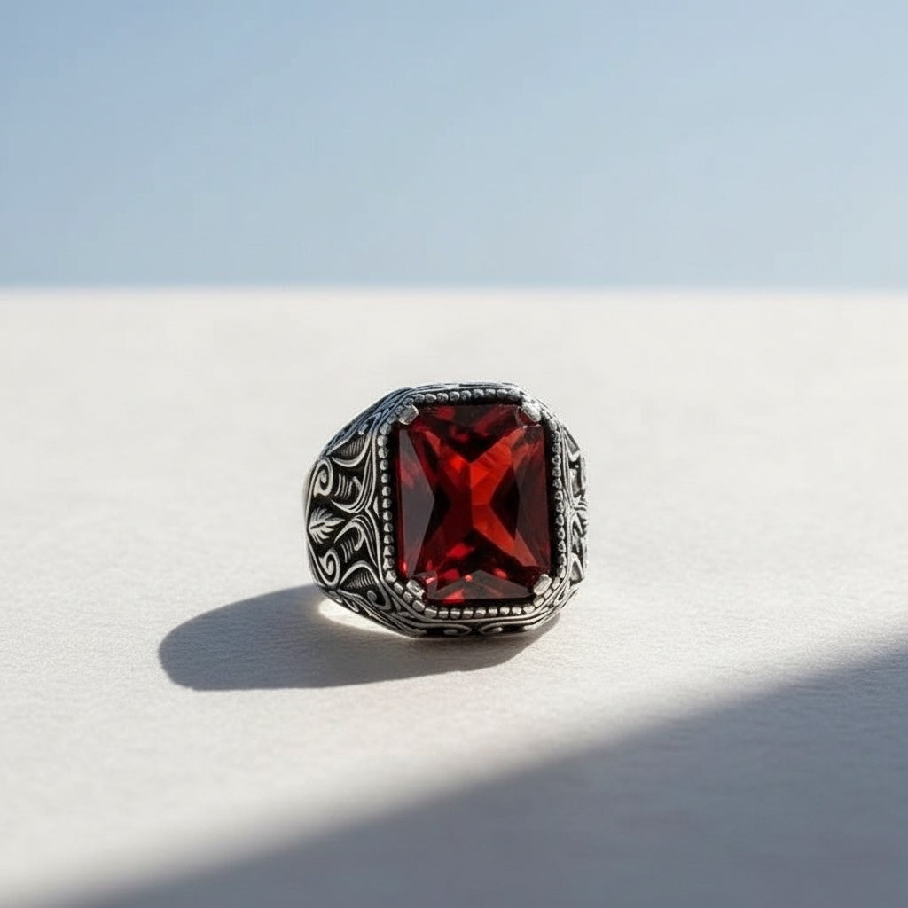 925 Zilveren Herenring Met Rode Steen