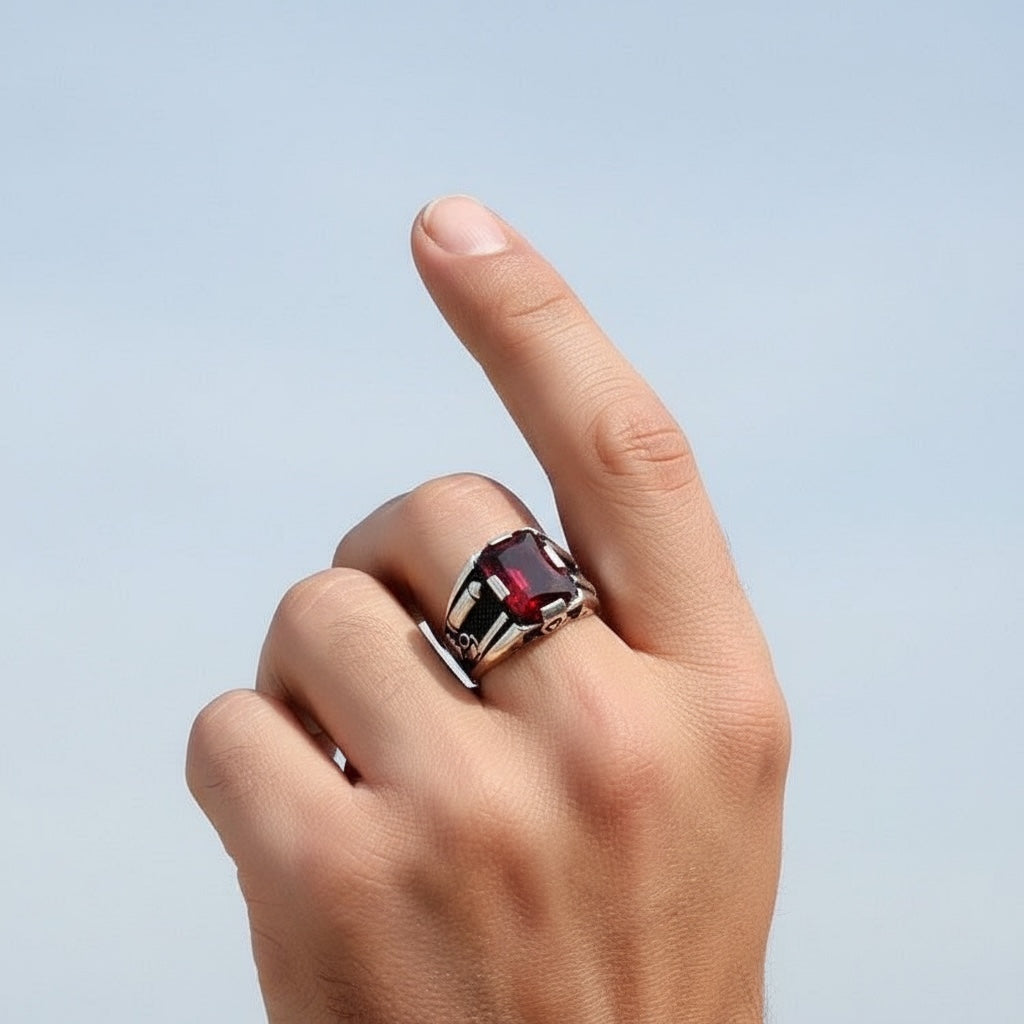 925 Zilveren Herenring Met Rode Steen