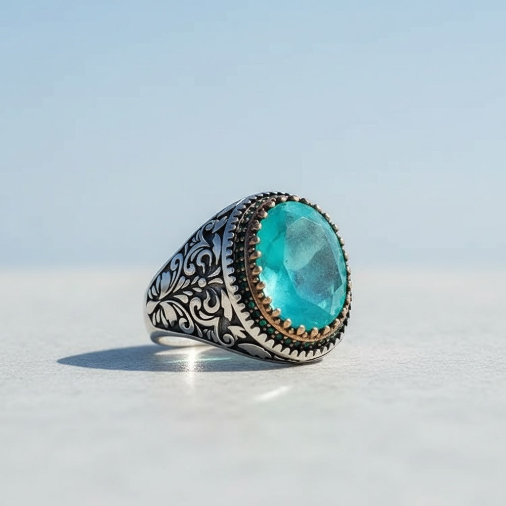 Herrenring mit Paraiba -Stein - 925 Sterlingsilber