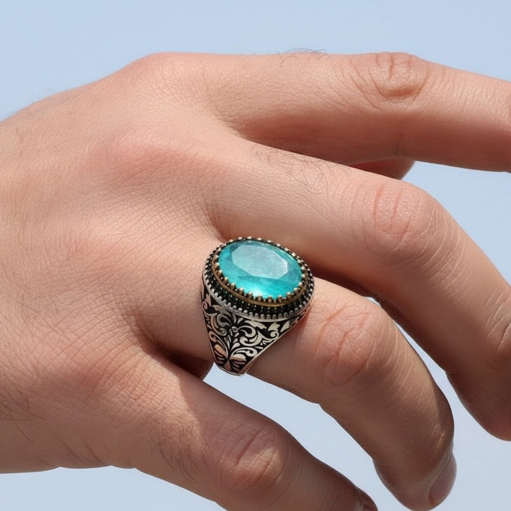 Herrenring mit Paraiba -Stein - 925 Sterlingsilber