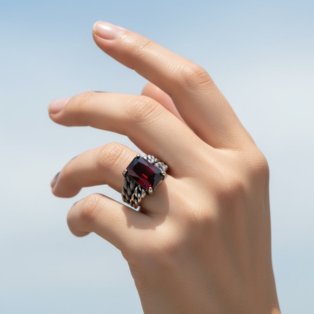 925 Zilveren Herenring Met Rode Steen