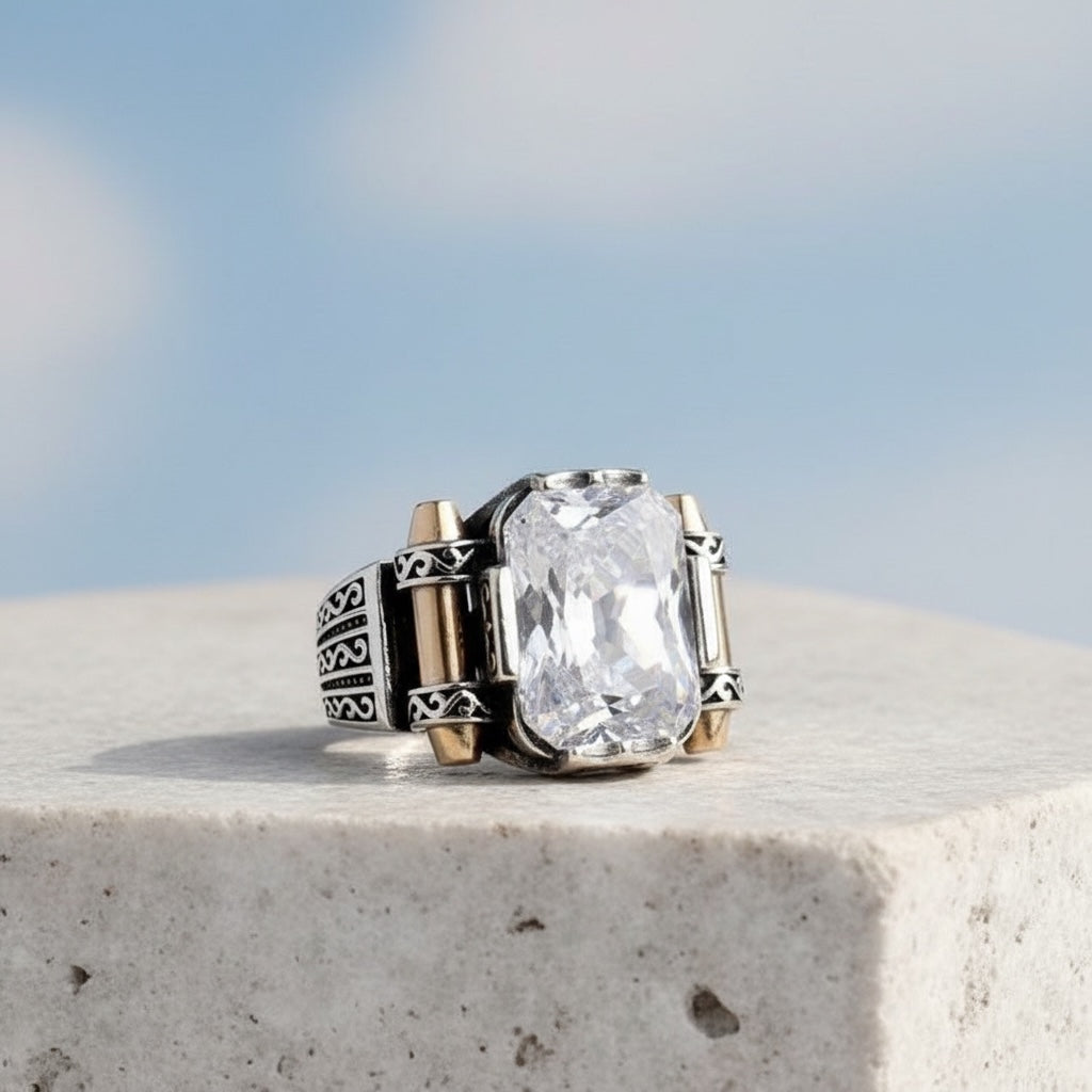 Men's ring with white Zirconia - 925 Sterling Silver