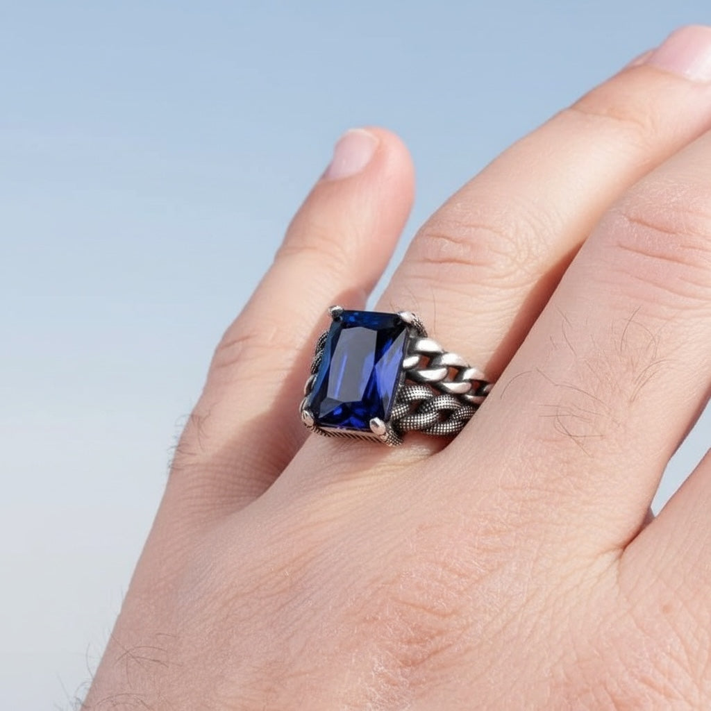 Zilveren heren ring met blauwe steen