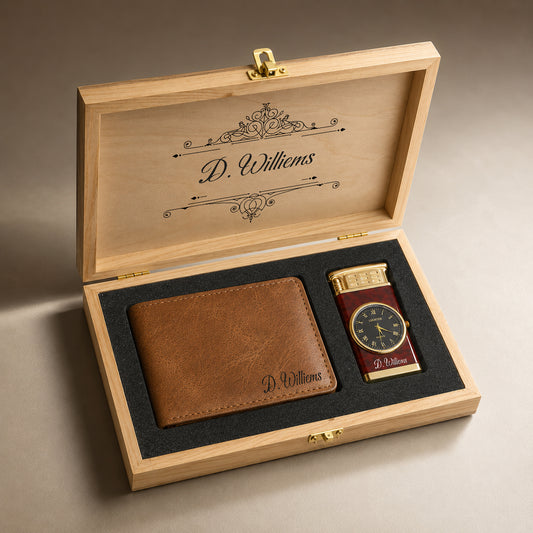 Leren Portemonnee en Aansteker Cadeauset in Houten Doos