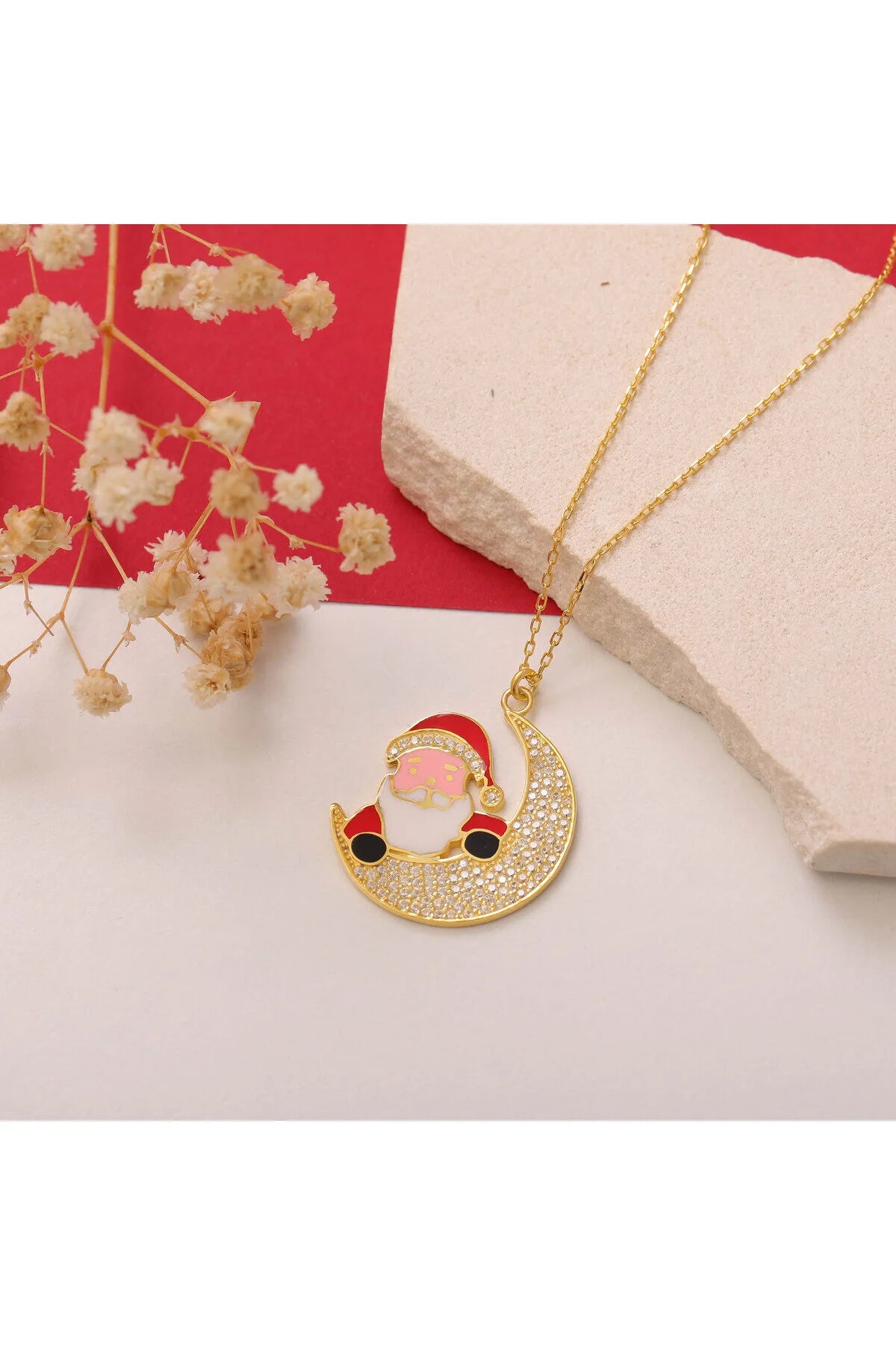 "SantaMoon" 925 Sterling Silver Santa on Moon Necklace