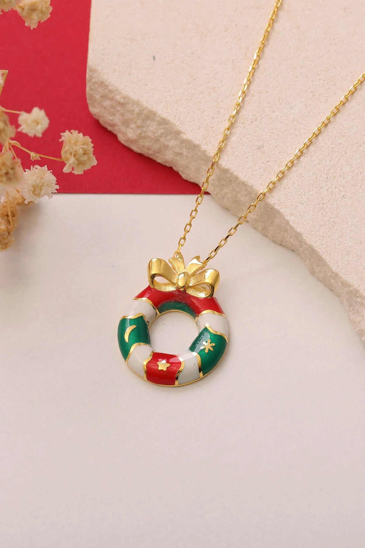 Halskette mit Weihnachtskranz-Anhänger aus 925er-Sterlingsilber