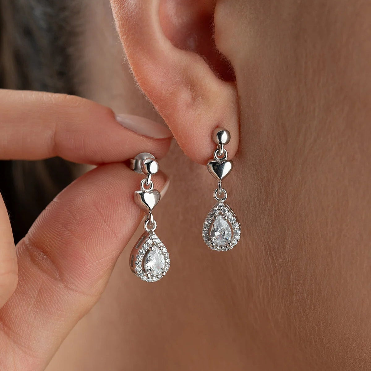 Silver Earrings with Heart and Drop Design