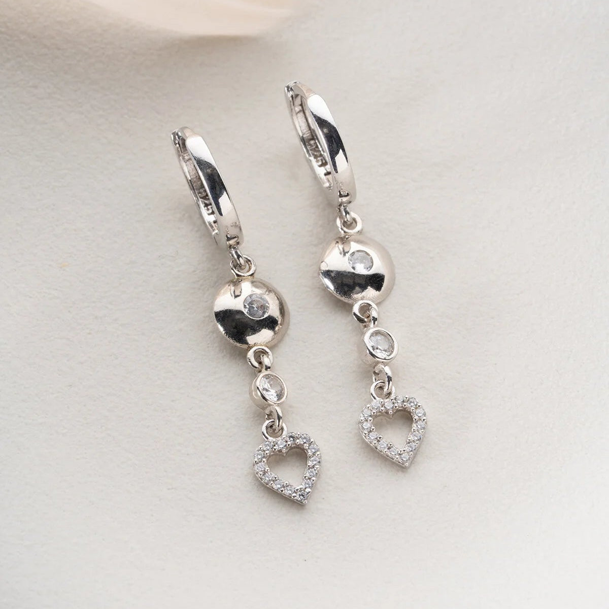 Silver Heart-shaped Earrings with Stones