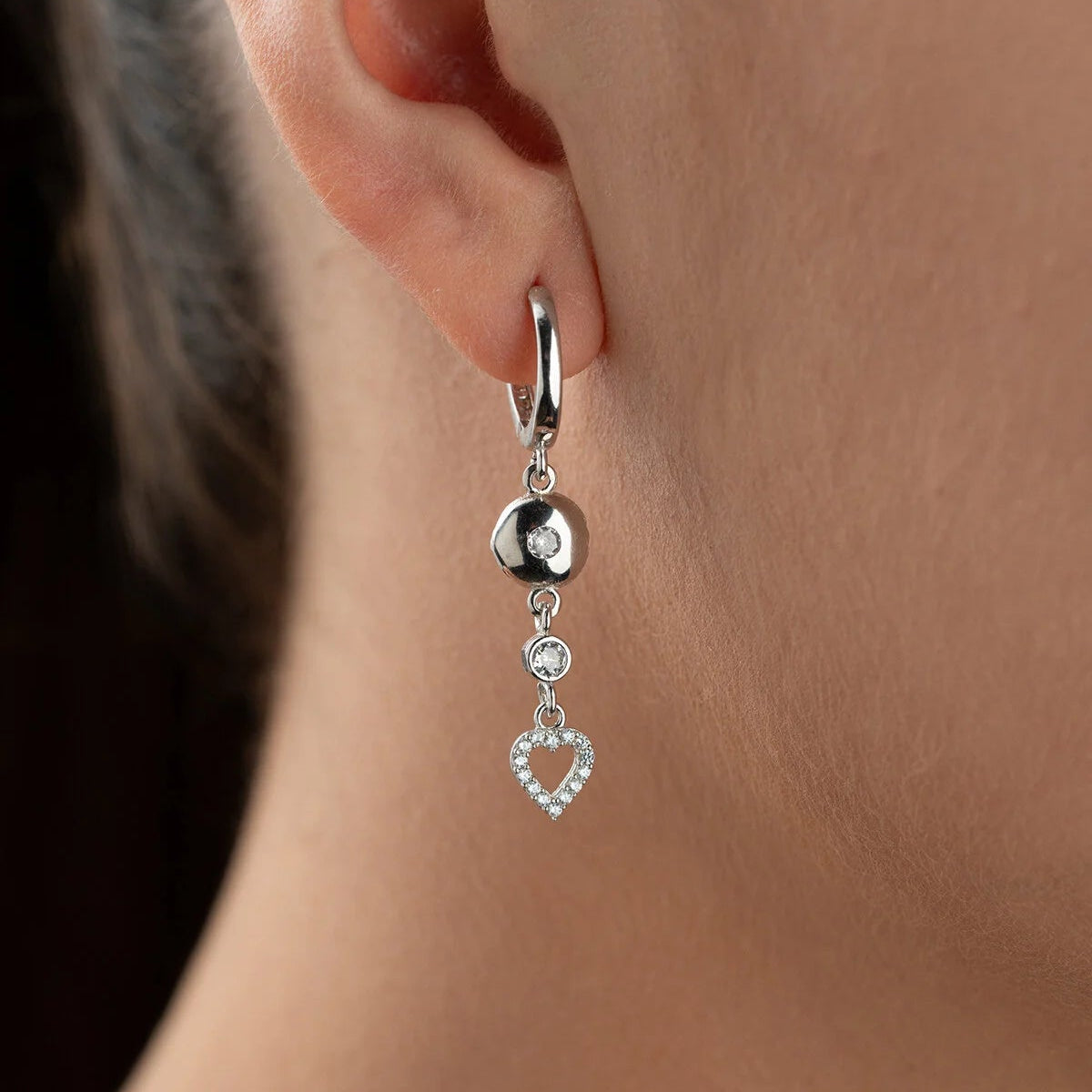 Silver Heart-shaped Earrings with Stones
