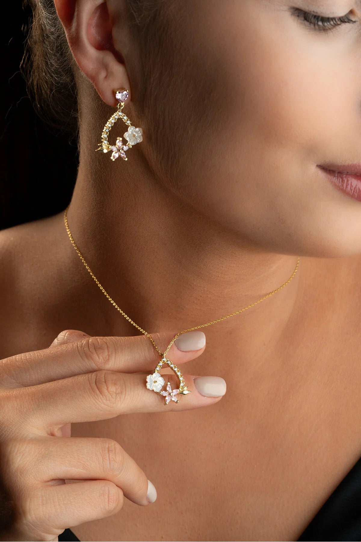 Blossom Aurora Zilveren Set met Moederparel en Roze Stenen