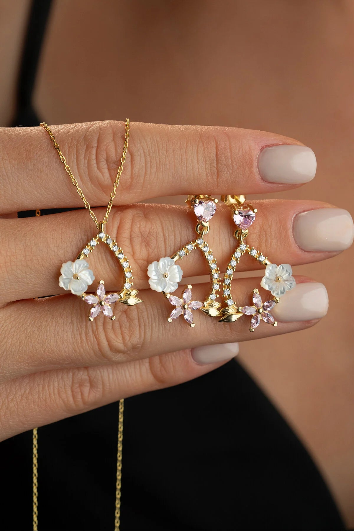 Blossom Aurora Zilveren Set met Moederparel en Roze Stenen