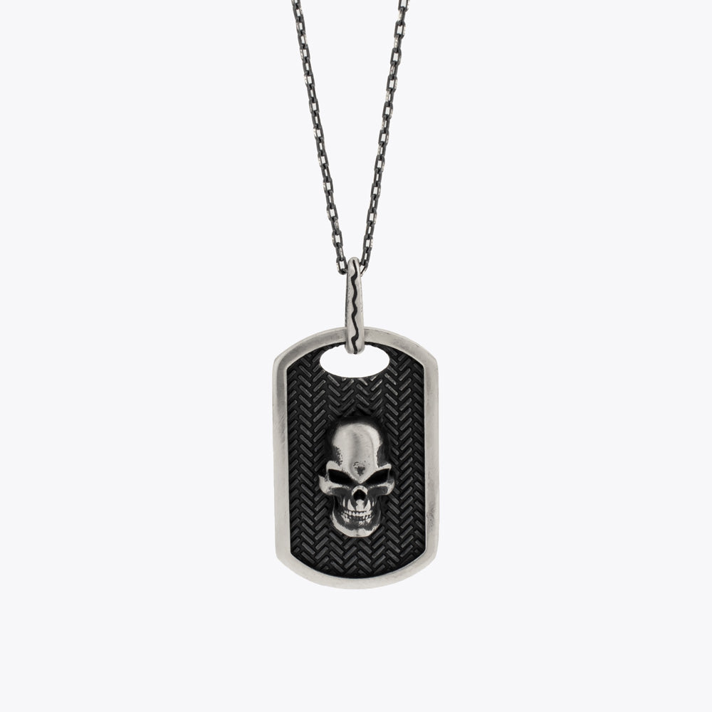 Skull Dog Tag Hanger Ketting, Geoxideerd Sterling Zilver